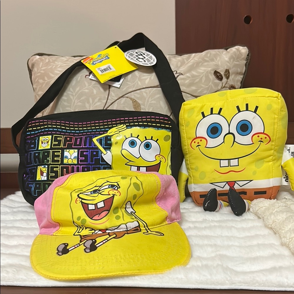 SpongeBob SquarePants Yellow Pink Kids Bag, Stuffy & Cap Set